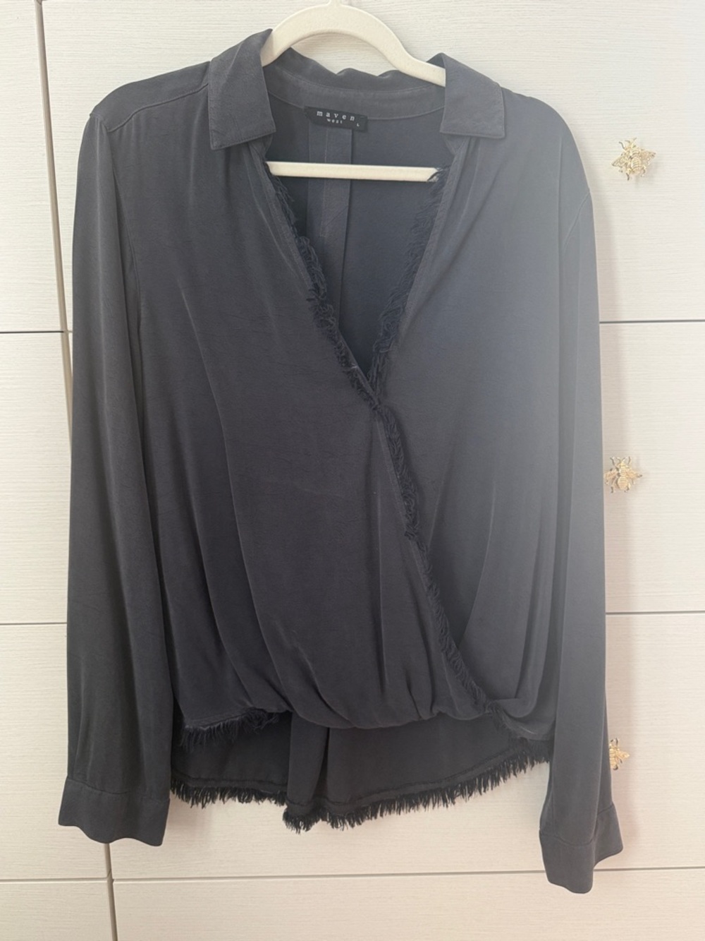 Maven West Black Draped Fringe-Trim Wrap Blouse